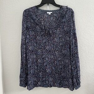 J.Jill Blouse Top M Tall Blue Floral Paisley Ruffles L/S Whimsygoth Flowy Office